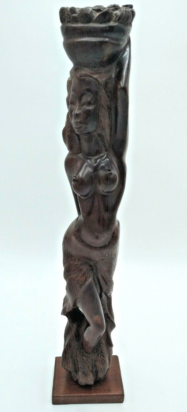 Carved Wood Sculpture Semi Nude Woman Carrying Fruit Basket on Head 23"